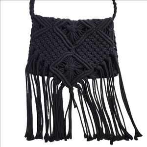 Crossbody purse shoulder bag BOHO Macrame Cotton Fringed Black color MOSIMO